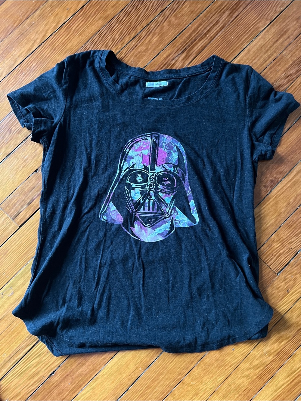 Maurices Black Short Sleeve Tee with Purple Floral Darth Vader Graphic